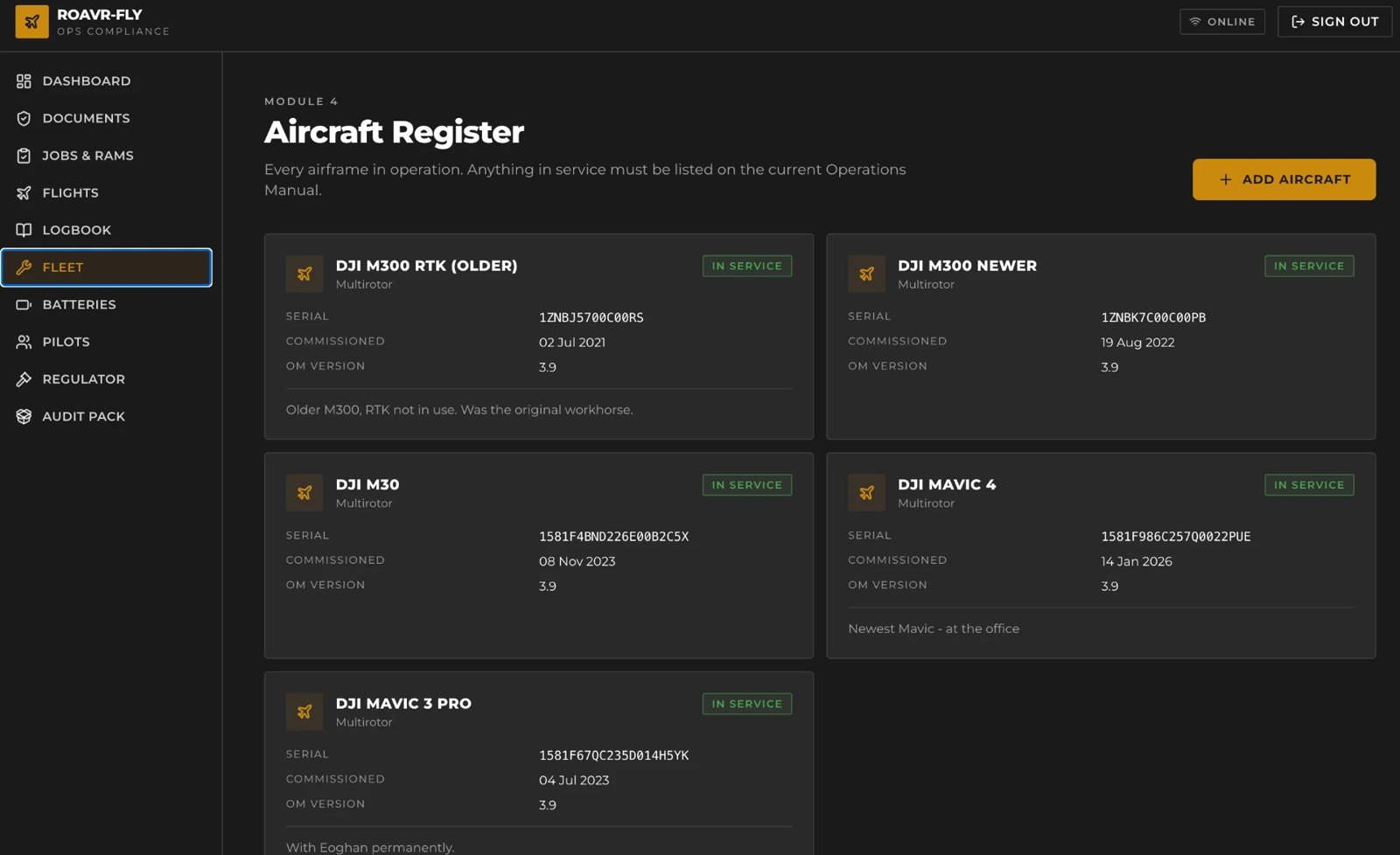 ROAVR Fly aircraft register listing airframes, serials and operations manual versions